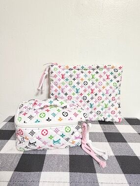 LV White Multicolor Quilted Cosmetic Pouch Set NEW